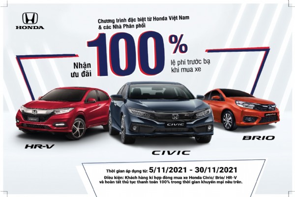 Hỗ trợ 100% lệ phí trước bạ cho khách hàng mua xe Honda Civic, Honda HR-V và Honda Brio trong tháng 11 năm 2021
